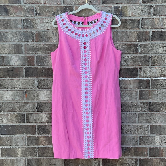 Take 50% OFF-Lilly Pulitzer Sleeveless Pink Shift Dress with White Crochet Sz-14 - Picture 2 of 10